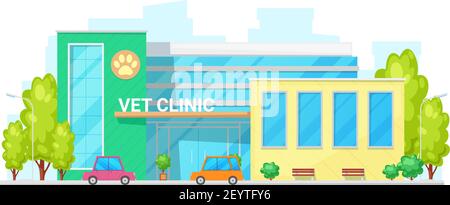 Veterinary medicine hospital isolated vet clinic exterior. Vector building facade, parking zone Stock Vector