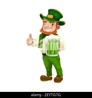 Irish leprechaun in green suit and hat showing ok sign isolated. Vector St. Patricks day symbol with mug of beer Stock Vector