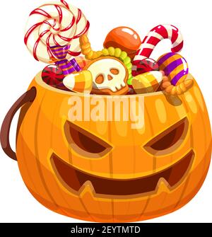 Halloween pumpkin basket full of candies and treats isolated. Vector jack-o-lantern bag with sweets Stock Vector