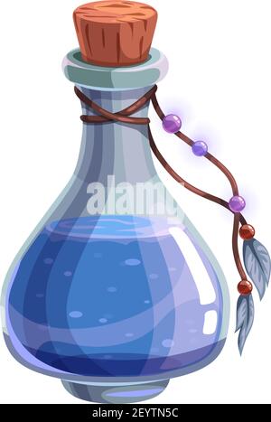 Mysterious Halloween witch potion isolated bottle with blue elixir and feathers. Vector liquid in glass jar Stock Vector