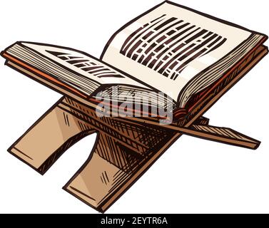 Open Quran book on stand isolated holy Koran sketch. Vector Muslim religion symbol, religious text of Islam Stock Vector