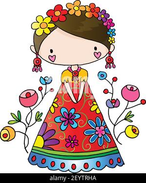 vector cartoon long dress girl with flowers Stock Vector Image & Art - Alamy