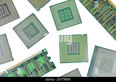 Bunch of CPU, central processor units and RAM, random-access memory, isolated background. Main electronic circuitry for computer. Top view, flat lay Stock Photo