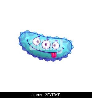 Oblong virus with three eyes, infection monster shoving tongue isolated blue cartoon bacteria. Vector bacteria mutant, scary dangerous germ, flu infec Stock Vector