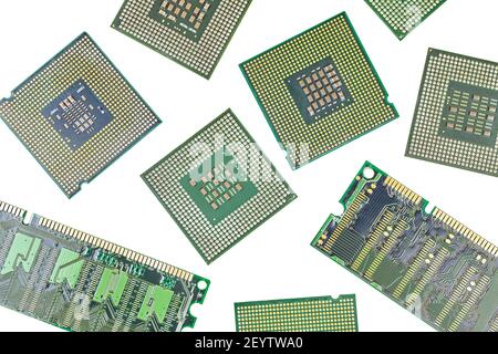 Bunch of CPU, central processor units and RAM, random-access memory, isolated background. Main electronic circuitry for computer. Top view, flat lay Stock Photo