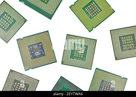 Bunch of CPU, central processor units, isolated background. Main electronic circuitry for computer. Top view, flat lay Stock Photo