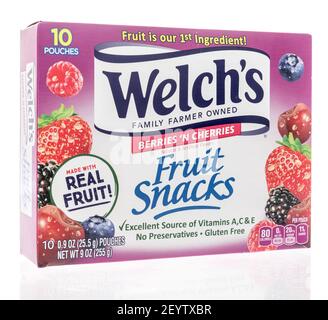 Winneconne, WI -17 February 2021: A package of Welches berries n cherries fruit snacks on an isolated background. Stock Photo