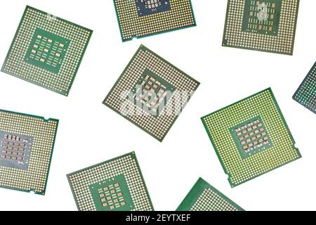 Bunch of CPU, central processor units, isolated background. Main electronic circuitry for computer. Top view, flat lay Stock Photo