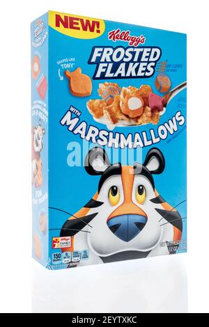 Winneconne, WI -17 February 2021: A package of Kelloggs Frosted Flakes with marshmallows on an isolated background. Stock Photo