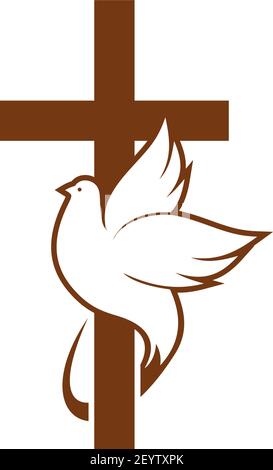 Dove on peace and cross isolated religion symbol. Vector holy spirit bird and crucifix Stock Vector