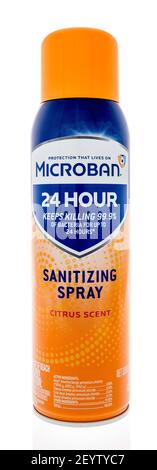 Winneconne, WI - 3 March 2021: A package of Microban sanitizing spray on an isolated background. Stock Photo