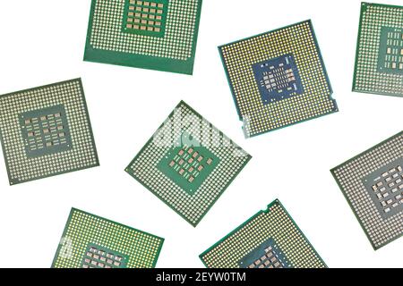 Bunch of CPU, central processor units, isolated background. Main electronic circuitry for computer. Top view, flat lay Stock Photo