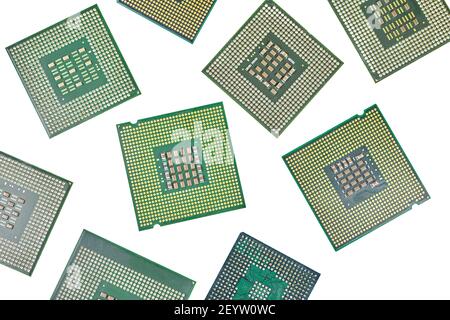 Bunch of CPU, central processor units, isolated background. Main electronic circuitry for computer. Top view, flat lay Stock Photo