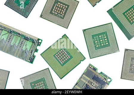Bunch of CPU, central processor units and RAM, random-access memory, isolated background. Main electronic circuitry for computer. Top view, flat lay Stock Photo