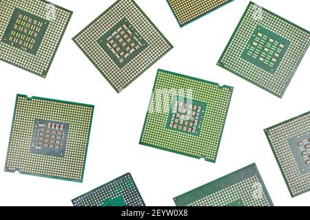 Bunch of CPU, central processor units, isolated background. Main electronic circuitry for computer. Top view, flat lay Stock Photo