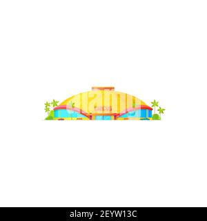 Circus marquee and blue windows, amusement awning and palm trees, vehicles and benches. Vector facade of big entertainment arena construction, cirque Stock Vector