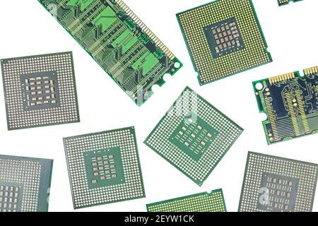 Bunch of CPU, central processor units and RAM, random-access memory, isolated background. Main electronic circuitry for computer. Top view, flat lay Stock Photo