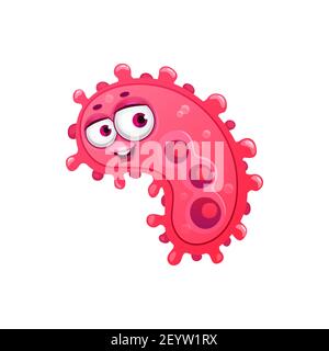 Pink corona-virus pneumonia bacterium with big eyes isolated cartoon germ. Vector biohazard infection, dangerous epidemic pandemic covid. Coronavirus Stock Vector