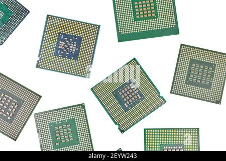 Bunch of CPU, central processor units, isolated background. Main electronic circuitry for computer. Top view, flat lay Stock Photo