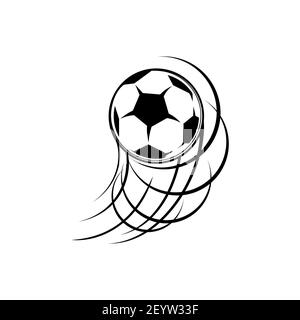 Soccerball on speed, championship or tournament, sport club symbol isolated monochrome icon. Vector sport equipment, soccer ball in move leaving trace Stock Vector