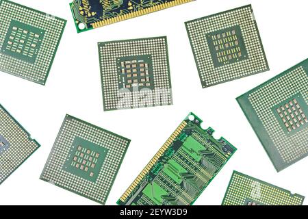 Bunch of CPU, central processor units and RAM, random-access memory, isolated background. Main electronic circuitry for computer. Top view, flat lay Stock Photo