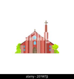 Christian church isolated chapel exterior with trees. Vector cathedral or monastery facade, catholic or evangelical religion architecture. Christian o Stock Vector