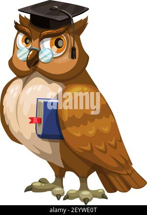 Owl in graduation cap and glasses isolated bird. Vector feathered animal, back to school Stock Vector