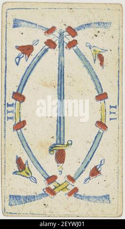 Piedmontese tarot deck - Solesio - 1865 - 3 of Swords. Stock Photo