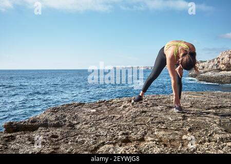 Latin woman, middle-aged, wearing sportswear, training, doing physical exercises, plank, sit-ups, climber's step, burning calories, keeping fit, outdo Stock Photo