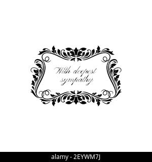Floral ornament on gravestone with deepest sympathy isolated icon. Vector funeral card template, obituary memorial. Condolence message on gravestone w Stock Vector