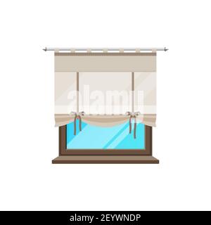 Window with curtain blind drapes or folding shutters vector flat isolated icon. Classic window frame with textile cloth drapery shades, house jalousie Stock Vector