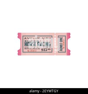 Racecourse, hippodrome entry ticket isolated pass in retro style. Vector equestrian sport raffle coupon, permission to watch racing on racecourse. Ent Stock Vector