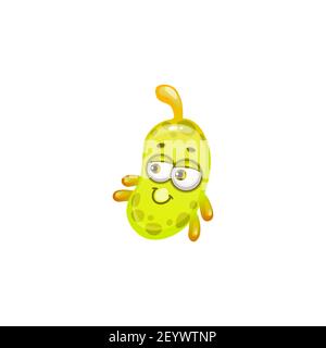 Oblong yellow virus smiling emoticon isolated germ. Vector bacterial hazard attack icon, infection mutant. Comic pandemic bacteria, micro influenza or Stock Vector