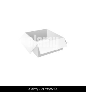 Box realistic 3d vector mockup, blank white cardboard package. Isolated open carton paper low pack and delivery parcel, package for present or gift de Stock Vector