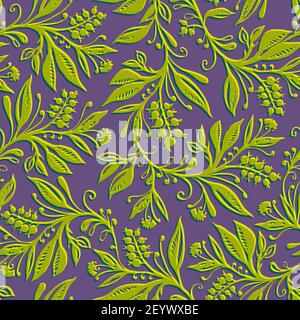 Floral seamless pattern with leaves and berries in chartreuse green and violet colors. Hand drawn and digitized. Design for wallpapers, textiles, fabrics. Stock Vector