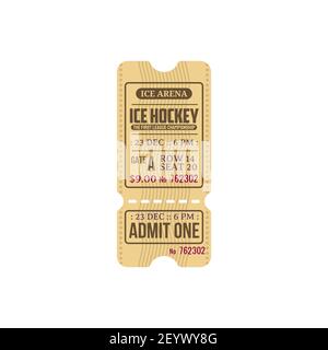 Ice hockey first league championship isolated retro ticket template. Vector admit one on ice arena, vintage ticket with cutting line, admit one. Winte Stock Vector