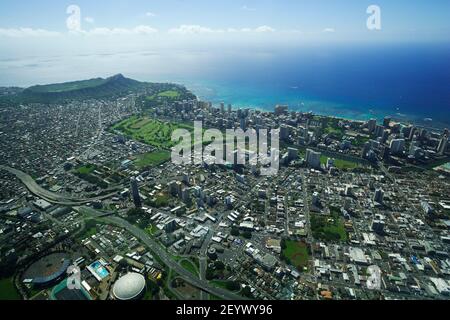 Aerial view of Honolulu City from airplane at Oahu Island Hawaii USA. Stock Photo