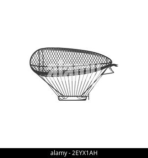 Zeppelin or dirigible vector icon, airship blimp with basket on ropes and propeller. Flying vintage ballon. Historical aviation transport, retro aeron Stock Vector