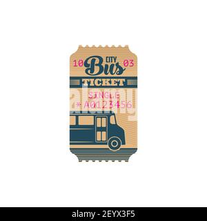 Ticket on bus city transport isolated retro coupon. Vector paper cardboard coupon with control number perforation. City public transport and intercity Stock Vector