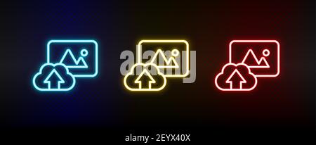 photo, cloud, upload neon icon set. Set of red, blue, yellow neon vector icon Stock Vector