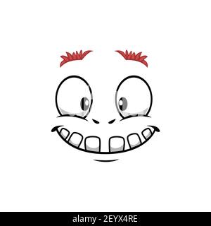 Cartoon face vector icon, funny emoji with toothy smile kind eyes and thick eyebrows. Satisfied facial expression, positive feelings isolated on white Stock Vector