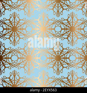 Golden snowflakes seamless vector pattern. Abstract blue, turquoise background Stock Vector
