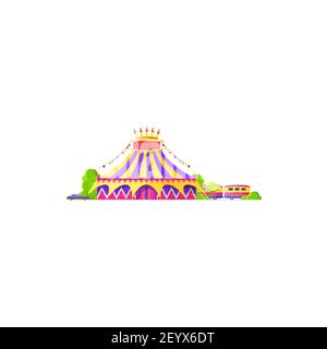 Circus awning, trailers to keep animals and parking zone isolated facade exterior design. Vector front view of entertainment building, marquee and tre Stock Vector