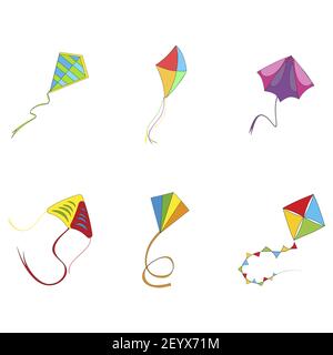 Flying kite colored collection. Vector flying kite on rope, outdoor activity playing, sankranti makar entertainment, air paper illustration Stock Vector