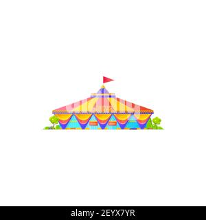 Chapito circus tent with striped roof and flag on top isolated building. Vector awning icon, facade of entertainment building with rees and vehicles. Stock Vector