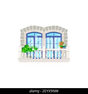 Balcony, architecture and vintage house building exterior, vector window and door facade front. Home balcony with flowers, city apartment modern, retr Stock Vector