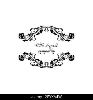 With deepest sympathy isolated memorial calligraphic inscription with floral ornament frame. Vector burial lettering on tombstone or gravestone, condo Stock Vector