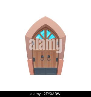 Gate, fairytale door to dungeon with glass window isolated icon. Vector wooden gate, stronghold entrance to tower. Exterior doorway to fortress or fai Stock Vector