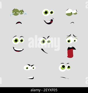 Eyes and mounth face, stick tongue out, smile and enjoy. Sad and confident, embarrassed and angry, facial cry and fury, upset and love. Vector illustr Stock Vector