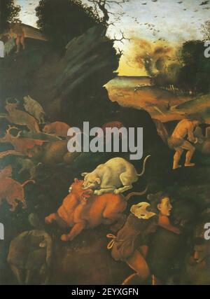 Hunting Renaissance Scene 'Scène de chasse' by Piero di Cosimo depicts a hunting scene from the ...